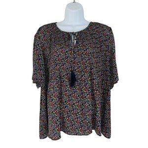 DR2 Women's Size XL Ditsy Floral Micro Pleat Short Flutter Sleeve Blue B…